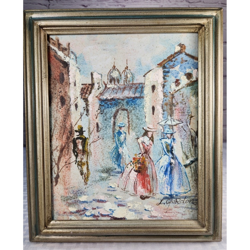 Original Oil painting by L. Gordon Persian Street Scape Blue and Red Fancy Dress